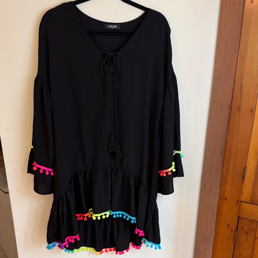 Black High Low Dress w/Neon Pom Pom Trim, S- Beach, Eclectic, Girlhoodcore